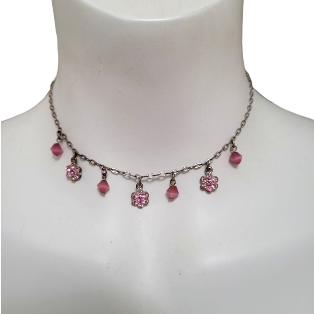 Adorable Pink beaded and gemstone flowers 15" Choker - Picture 3 of 5